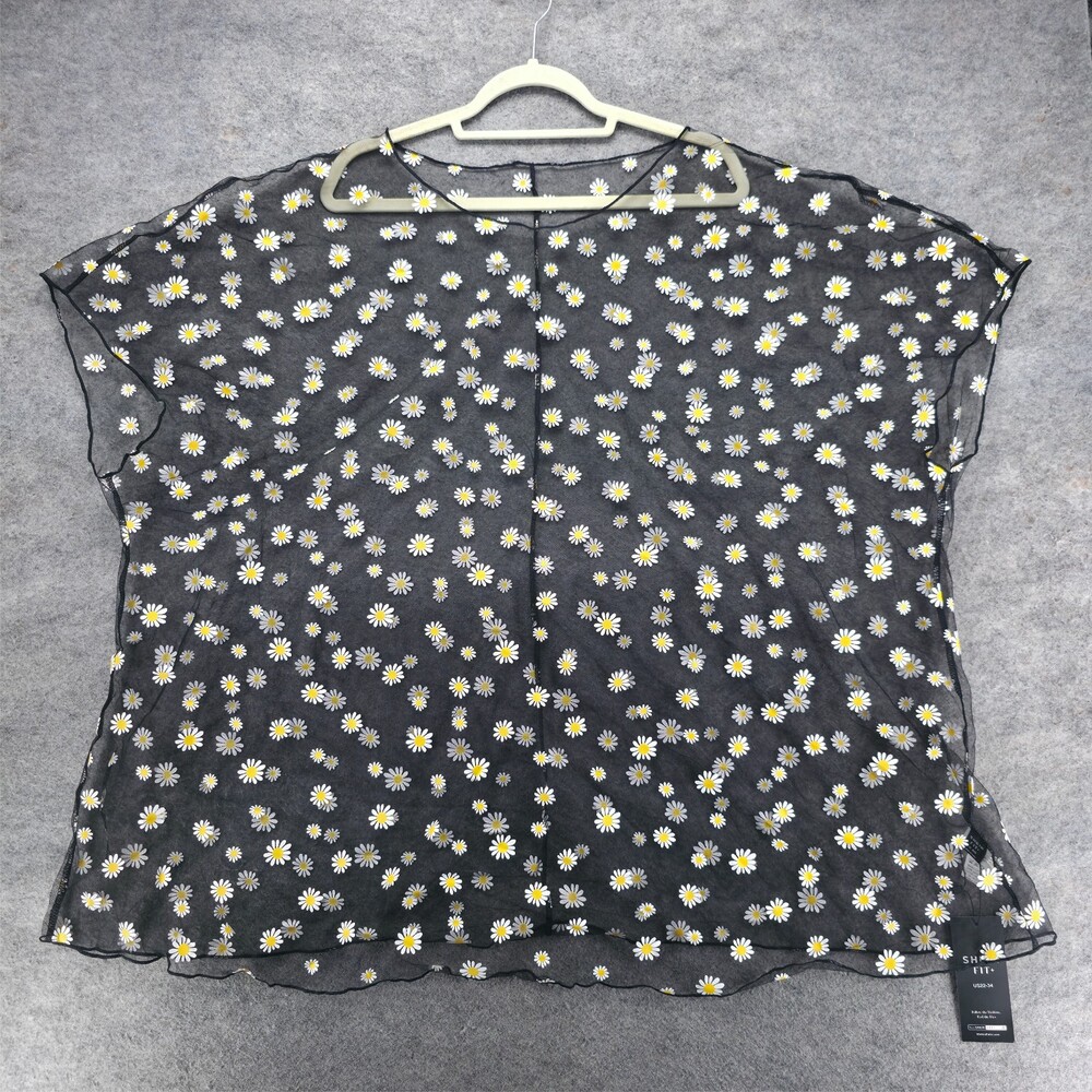 SHEIN FIT+ Blouse Womens US22-34 Black Floral Sheer Chiffon Dolman Short Sleeve